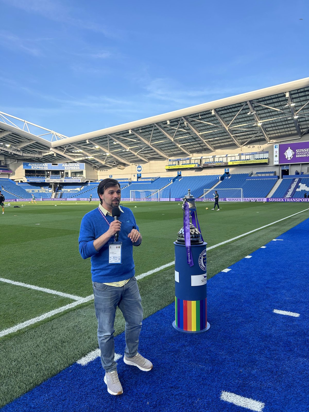 Dean Kilford presenting pitch-side at the Sussex Senior Cup Final, American Express Stadium