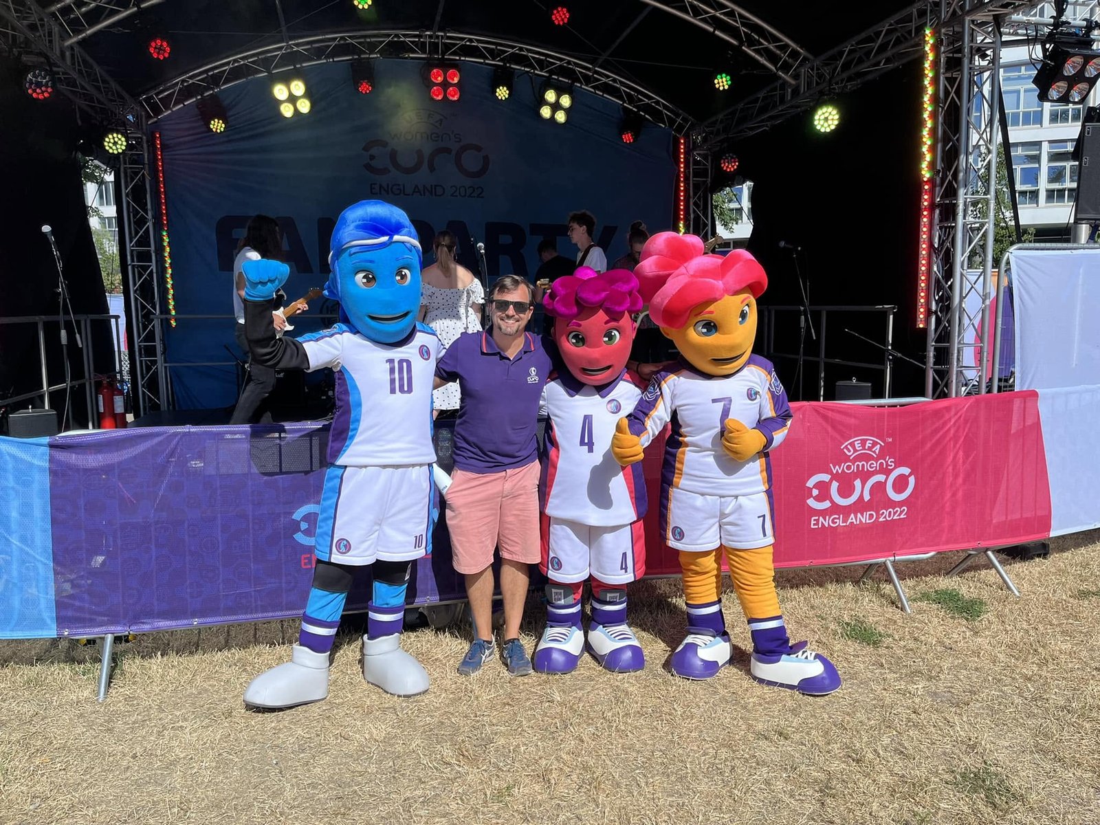Dean Kilford with the UEFA Women's Euro 2022 mascots