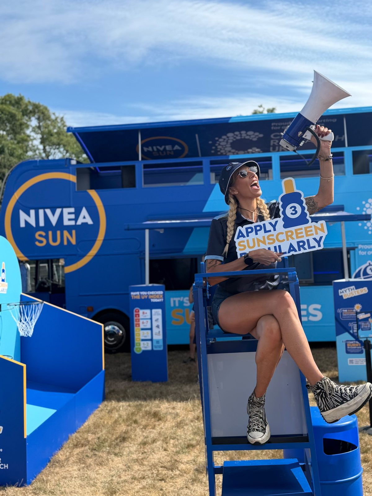 Jenny Scott presenting at a Nivea Sun brand activation