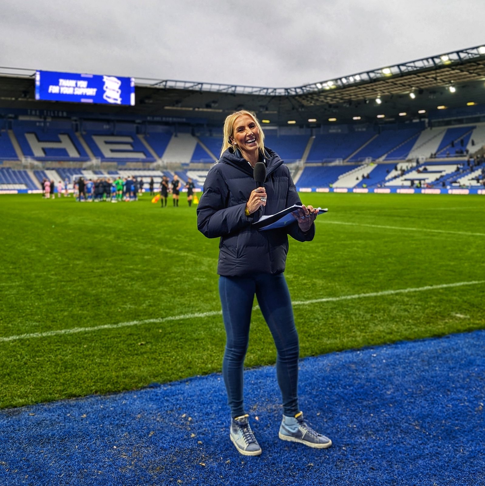 Jenny Scott presenting pitch-side at Birmingham City FC