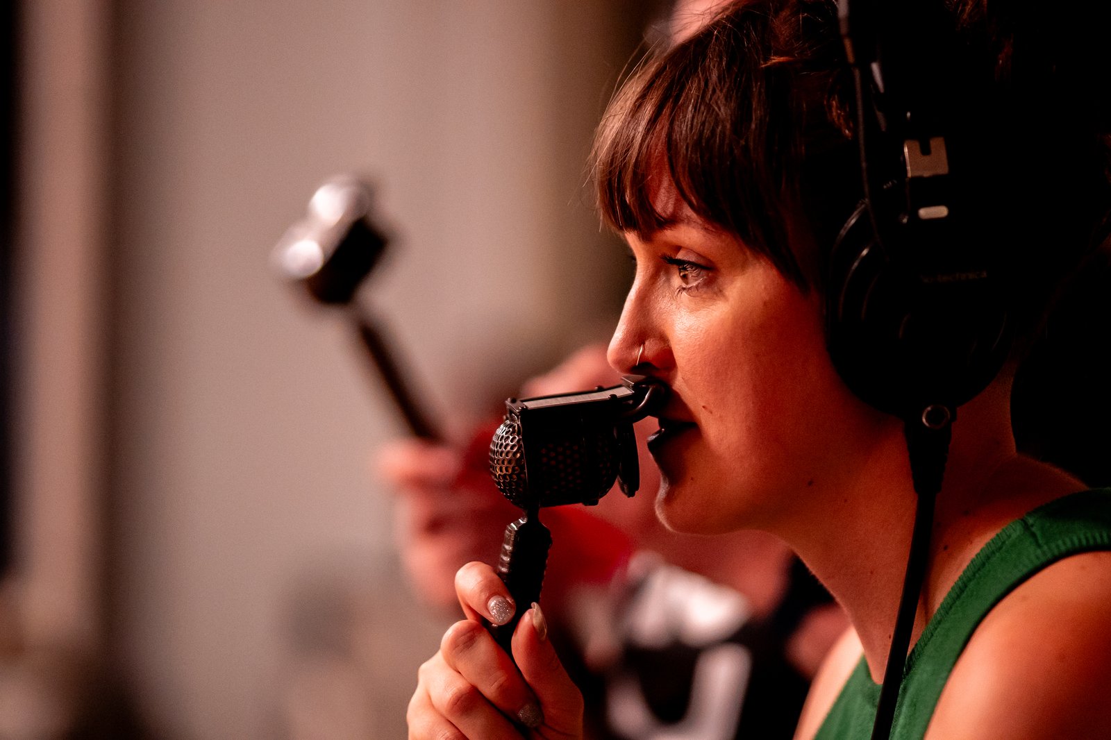 Lucy Goodman on commentary with a headset mic