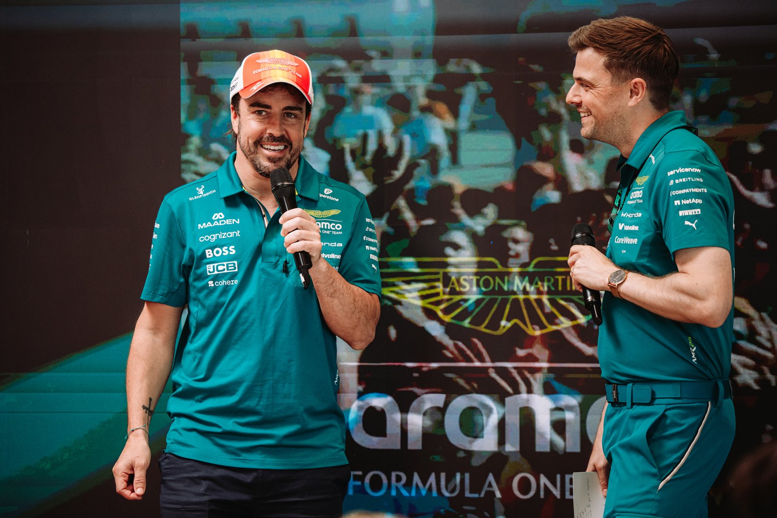 Tom Millen with Fernando Alonso trackside for Aston Martin