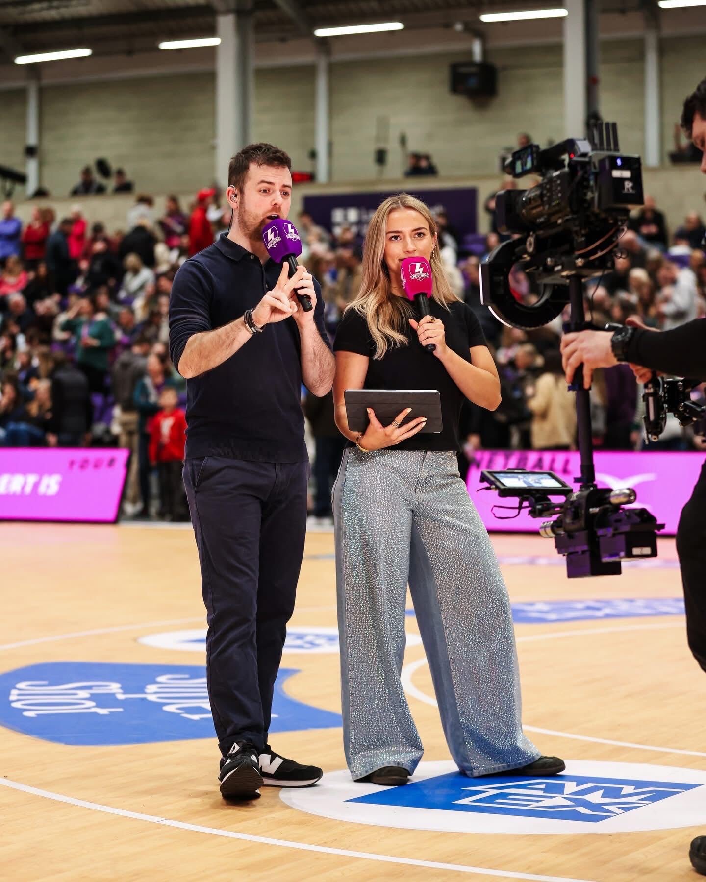 Rob Thornton co-presenting courtside at a Netball Super League broadcast