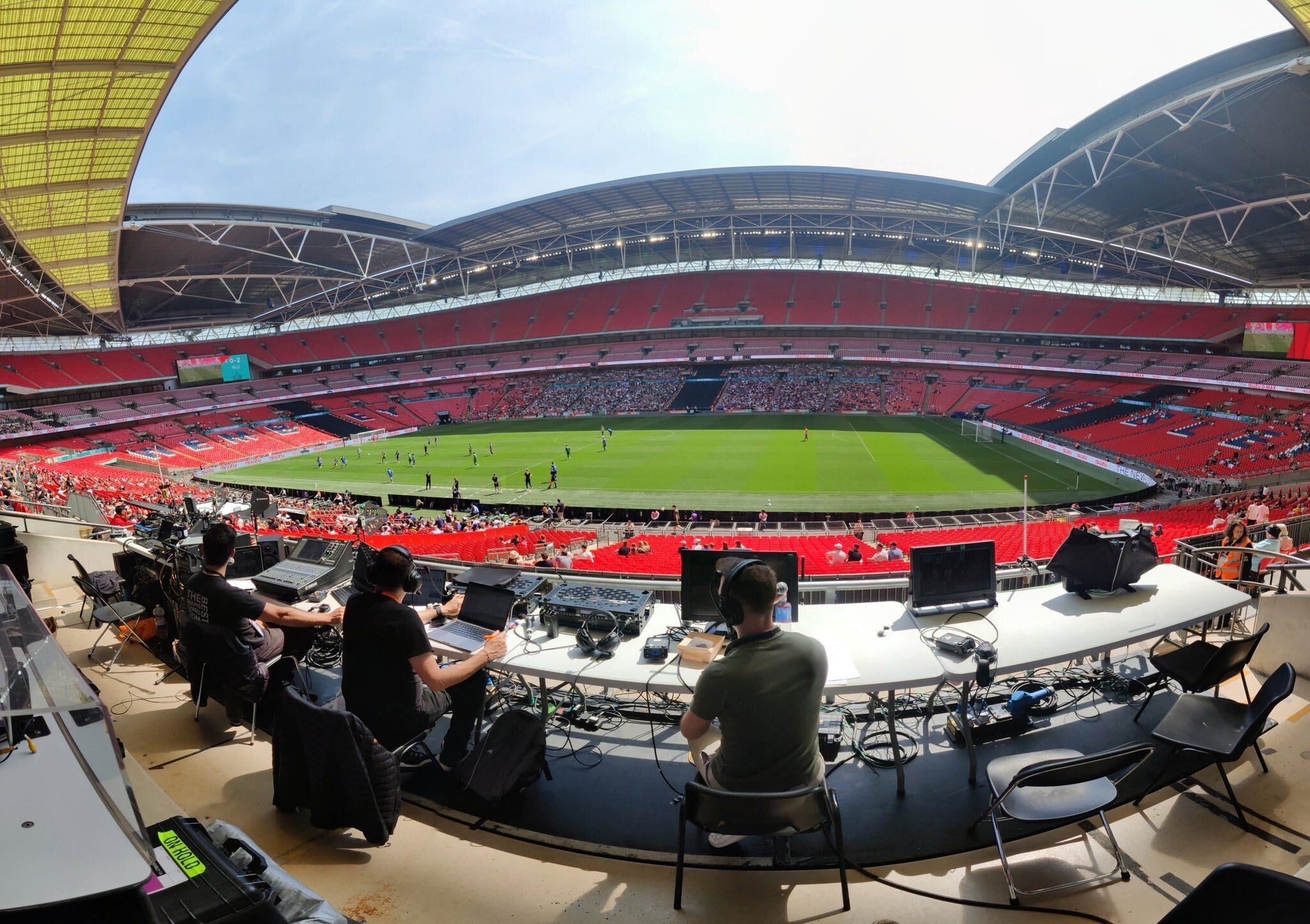 Wide view of the pitch at Wembley Stadium from the commentary gantry